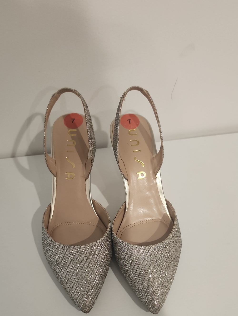 Unisa Glitter Pointed Slingback Heels in Silver Sparkle